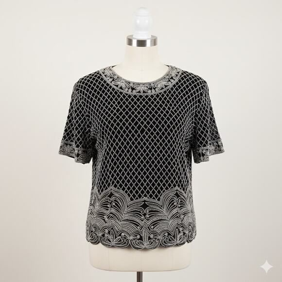 Adrianna Papell Black Beaded Evening Blouse Top Silk XL Formal Black Tie Elegant - Picture 1 of 9